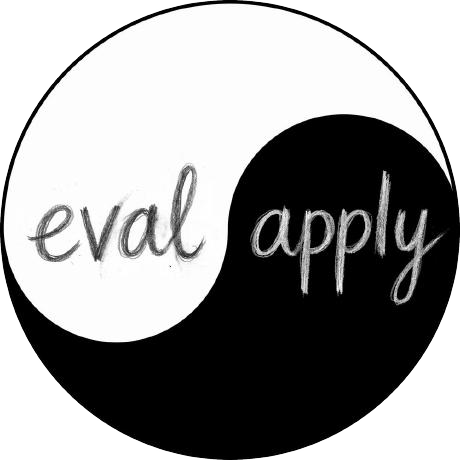 Eval Apply logo: the words eval and apply in a yin-yang